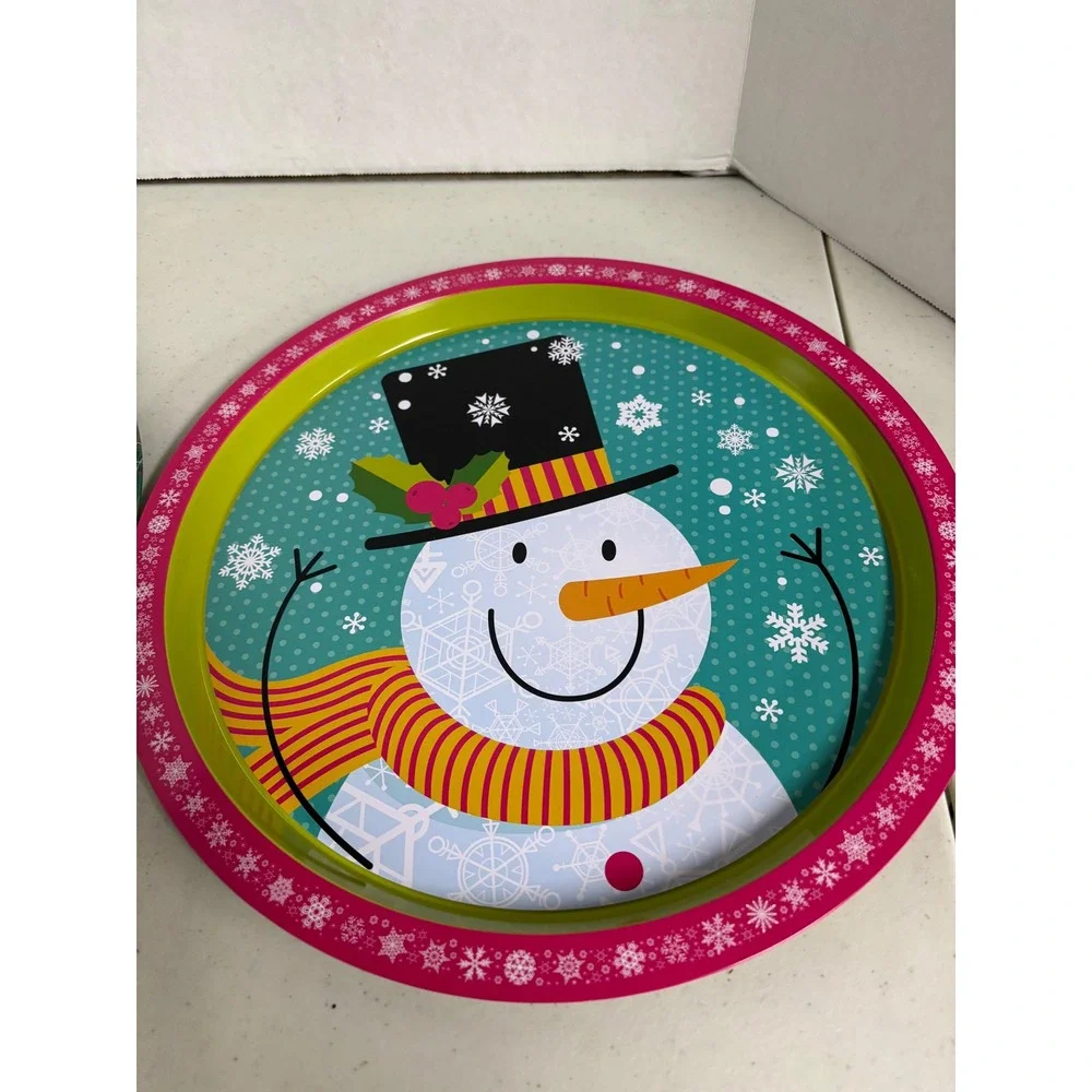Nicole Christmas Tin Serving Trays Set of 2 Santa Claus & Snowman Round UC49032‎